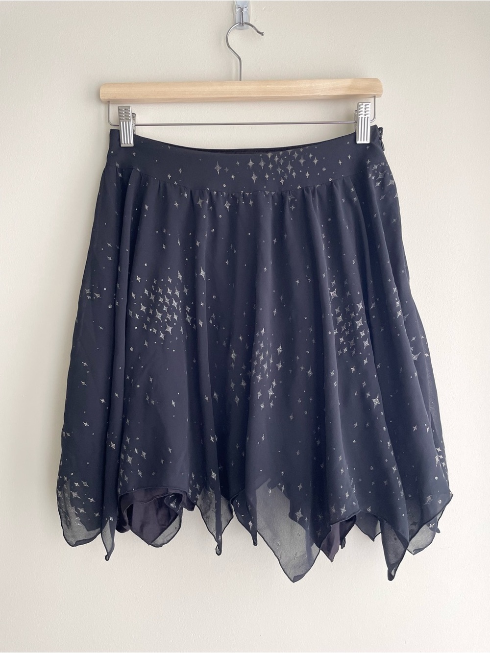 Black Starry Print Handkerchief Hem Witchy Whimsigoth Fairycore Flowy Skirt